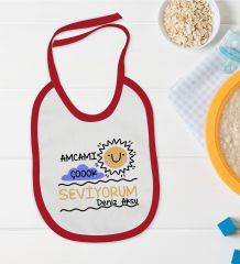 BK Kids Kişiye Özel Amcamı Çok Seviyorum Tasarımlı Kırmızı Bebek Mama Önlüğü-1