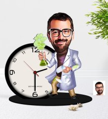 Kişiye Özel Erkek Fen Bilimleri Öğretmeni Karikatürlü Ahşap Masaüstü Biblo Saat-3