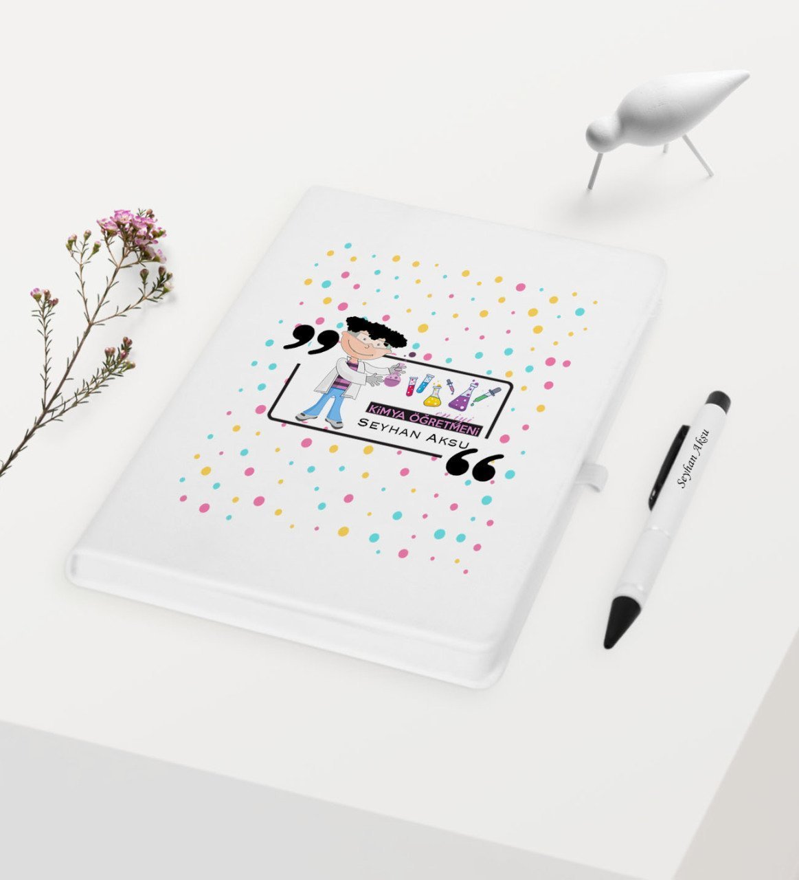 Kişiye Özel Kimya Öğretmeni Temalı Beyaz Defter Kalem Hediye Seti - 2