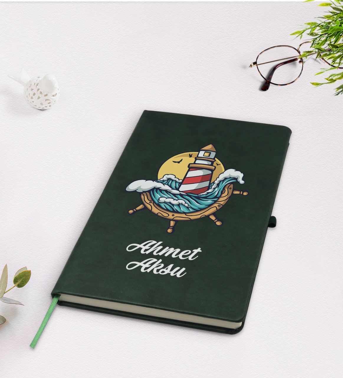 Kişiye Özel Dümen Tasarımlı Yeşil Termo Deri Defter Model 4
