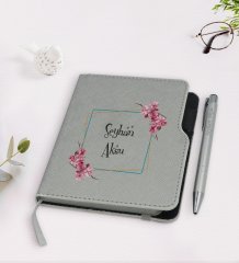 Kişiye Özel İsimli Gri Termo Deri Defter Kalem Seti-2