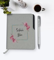 Kişiye Özel İsimli Gri Termo Deri Defter Kalem Seti-2