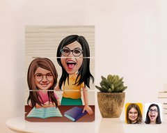 Kişiye Özel Anne Kız Karikatürlü Otantik Masaüstü Ahşap Palet Çerçeve-1
