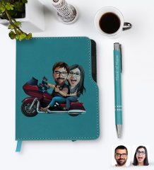 Kişiye Özel Sevgililer Karikatürlü Turkuaz Termo Deri Defter Kalem Seti-103