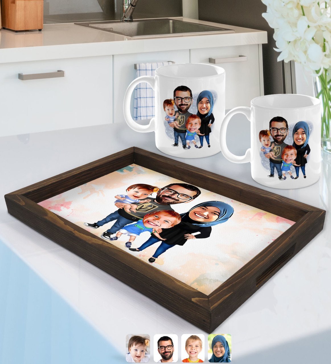 Kişiye Özel Tesettürlü Aile Karikatürlü Doğal Ahşap Tepsi ve 2’li Kupa Bardak Seti-3