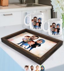 Kişiye Özel Tesettürlü Aile Karikatürlü Doğal Ahşap Tepsi ve 2’li Kupa Bardak Seti-3