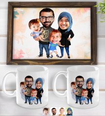 Kişiye Özel Tesettürlü Aile Karikatürlü Doğal Ahşap Tepsi ve 2’li Kupa Bardak Seti-3