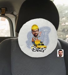 Kişiye Özel İsimli Erkek Yol Mühendisi Karikatürlü Yuvarlak Araç Koltuk Yastığı-1