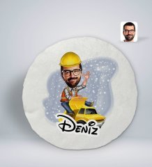 Kişiye Özel İsimli Erkek Yol Mühendisi Karikatürlü Yuvarlak Araç Koltuk Yastığı-1