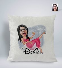 Kişiye Özel İsimli Kadın Patroniçe Karikatürlü Kare Araç Koltuk Yastığı-1