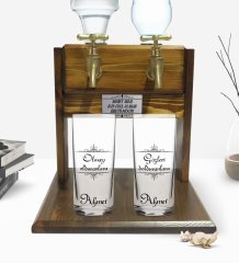 Kişiye Özel Renkli Baskılı Olmazı Olduranlara Tasarımlı İkili Rakı Bardağı ve Çift Musluklu Doğal Ahşap Rakı Standı-1