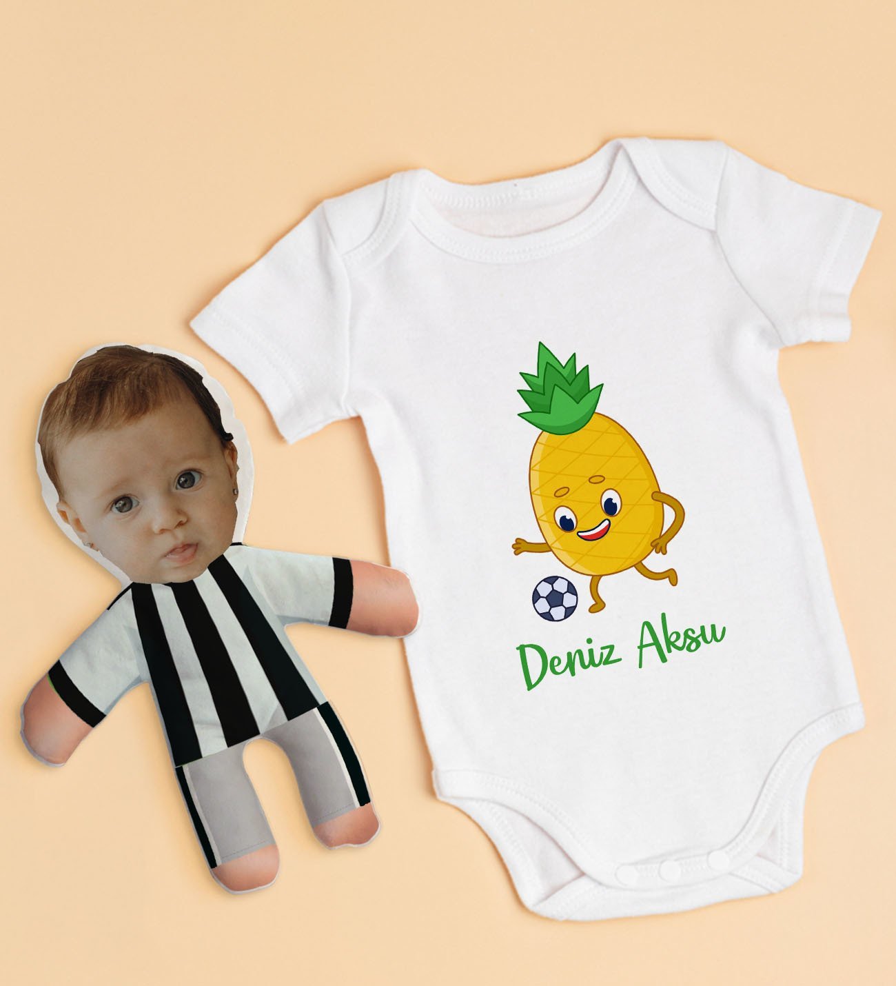 BK Kids Kişiye Özel Fotoğraflı Bebek Yastık ve Bebek Body Zıbın Hediye Seti - Model 3.3