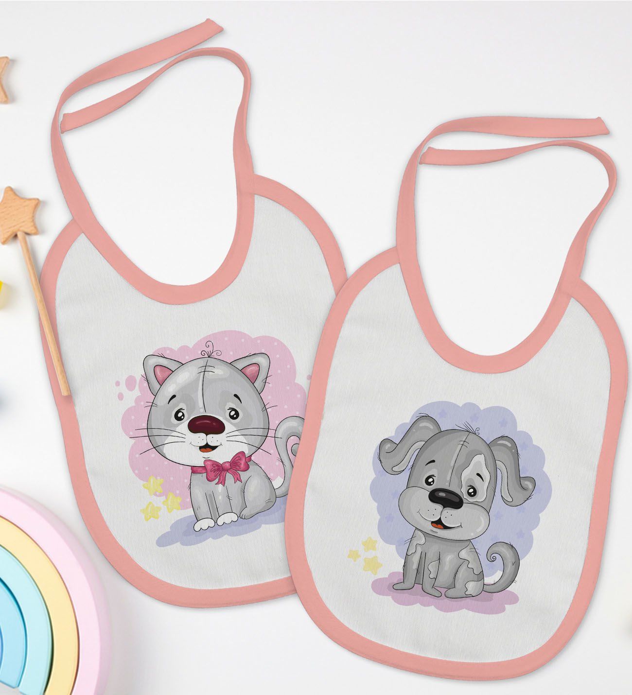 BK Kids Sevimli Kedi ve Köpek Tasarımlı 2’li Pembe Mama Önlüğü-1