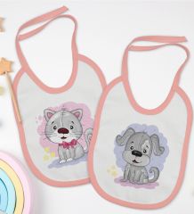 BK Kids Sevimli Kedi ve Köpek Tasarımlı 2’li Pembe Mama Önlüğü-1