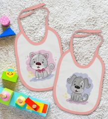 BK Kids Sevimli Kedi ve Köpek Tasarımlı 2’li Pembe Mama Önlüğü-1