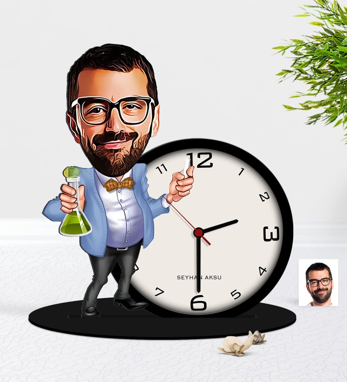 Kişiye Özel Erkek Fen Bilimleri Öğretmeni Karikatürlü Ahşap Masaüstü Biblo Saat-2
