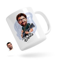 Kişiye Özel Erkek Gitarist Karikatürlü Beyaz Kupa Bardak-1