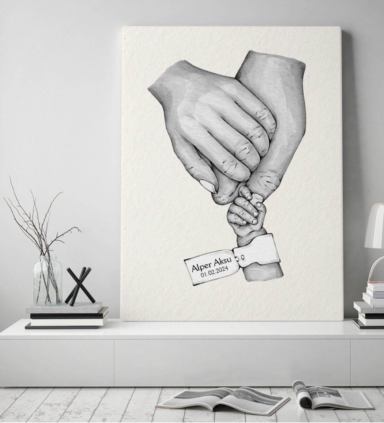 BK Gift Kişiye Özel El Ele Tutuşan Aile Tasarımlı Siyah Beyaz Kanvas Tablo-9 50x70, Anneye Hediye, Aile Hediyesi
