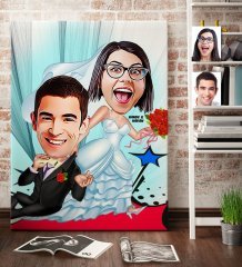 Kişiye Özel Gelin Damat Karikatür Kanvas Tablo (70 x 100 cm.) 2
