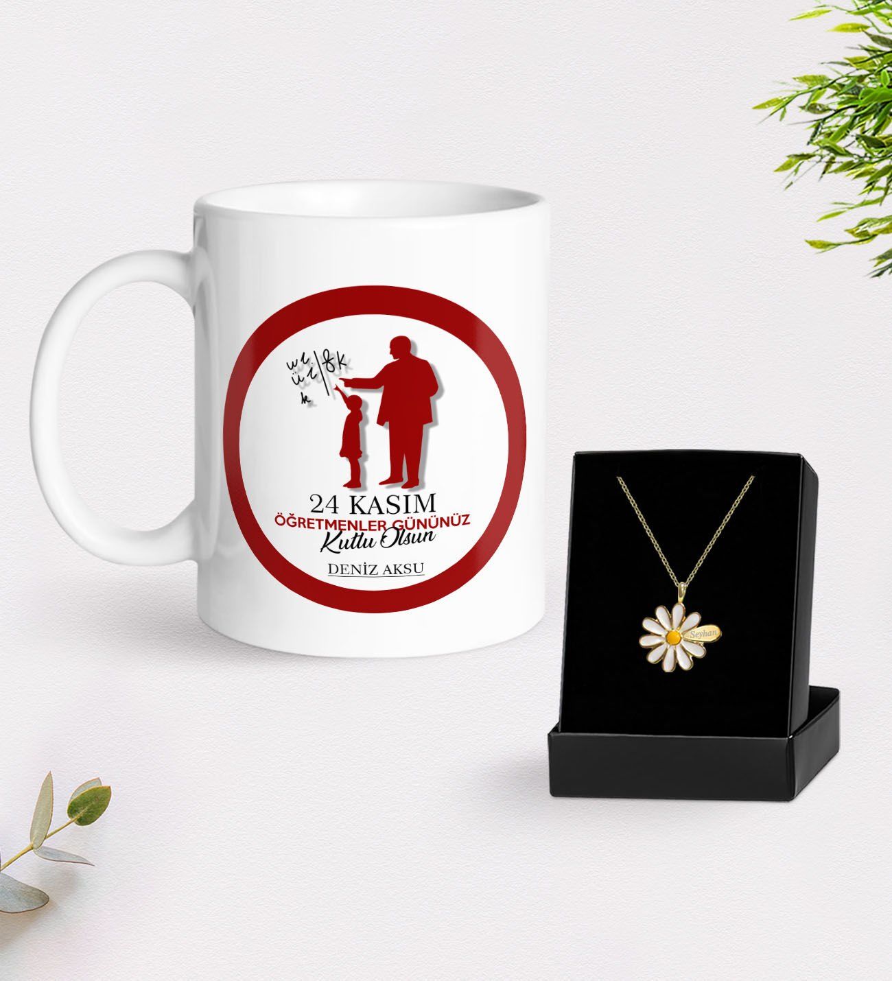 BK Gift Kişiye Özel Öğretmenler Günü Beyaz Kupa ve İsimli Papatya Kolye Hediye Seti- 10, Öğretmene Hediye, Öğretmenler Günü