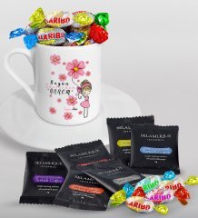 Kişiye Özel Bugün Günlerden Annem Tasarımlı Türk Kahvesi Fincanı Selamlique Karışık Türk Kahvesi ve Haribo Şeker Hediye Seti-2