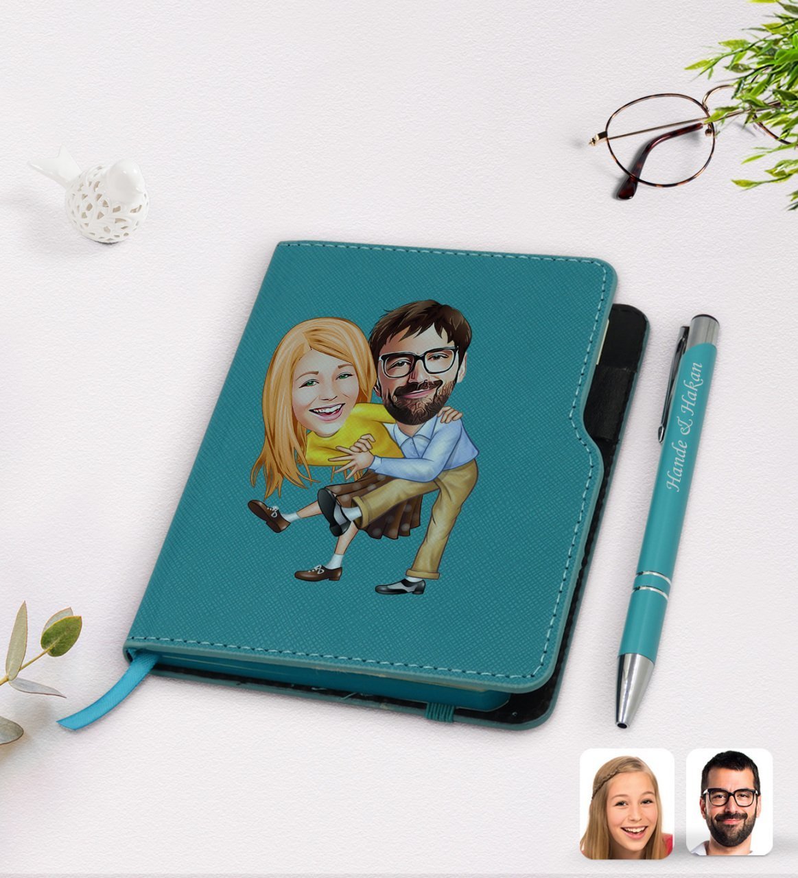 Kişiye Özel Sevgililer Karikatürlü Turkuaz Termo Deri Defter Kalem Seti-102