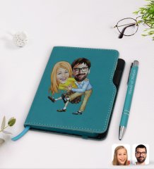 Kişiye Özel Sevgililer Karikatürlü Turkuaz Termo Deri Defter Kalem Seti-102