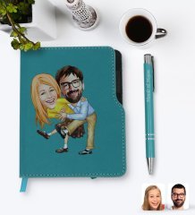 Kişiye Özel Sevgililer Karikatürlü Turkuaz Termo Deri Defter Kalem Seti-102