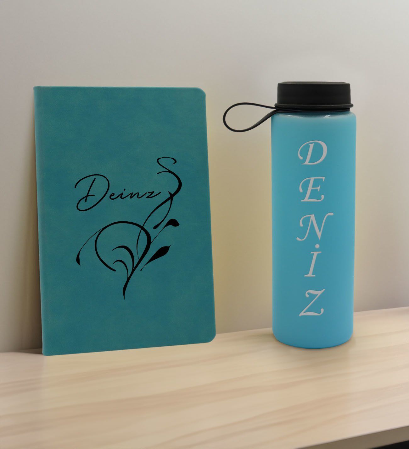 BK Gift Kişiye Özel İsimli Turkuaz Defter ve Cam Matara Hediye Seti-6, Sevgiliye Hediye, Arkadaşa Hediye, Yeni İş Hediyesi