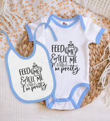 BK Kids I'm Pretty Tasarımlı Mavi Bebek Body Zıbın ve Mama Önlüğü Hediye Seti-1
