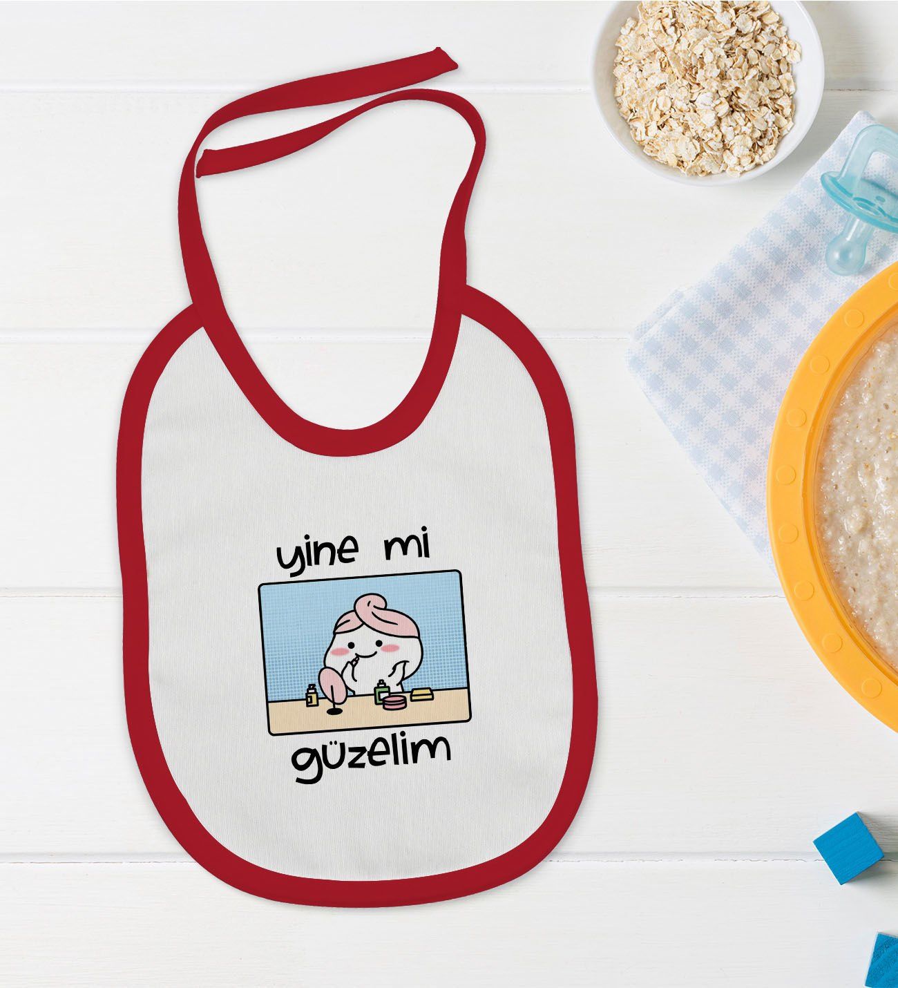 BK Kids Yine Mi Güzelim Tasarımlı Kırmızı Bebek Mama Önlüğü-1
