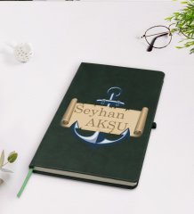 Kişiye Özel Çapa Tasarımlı Yeşil Termo Deri Defter Model 3