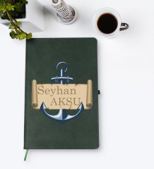 Kişiye Özel Çapa Tasarımlı Yeşil Termo Deri Defter Model 3
