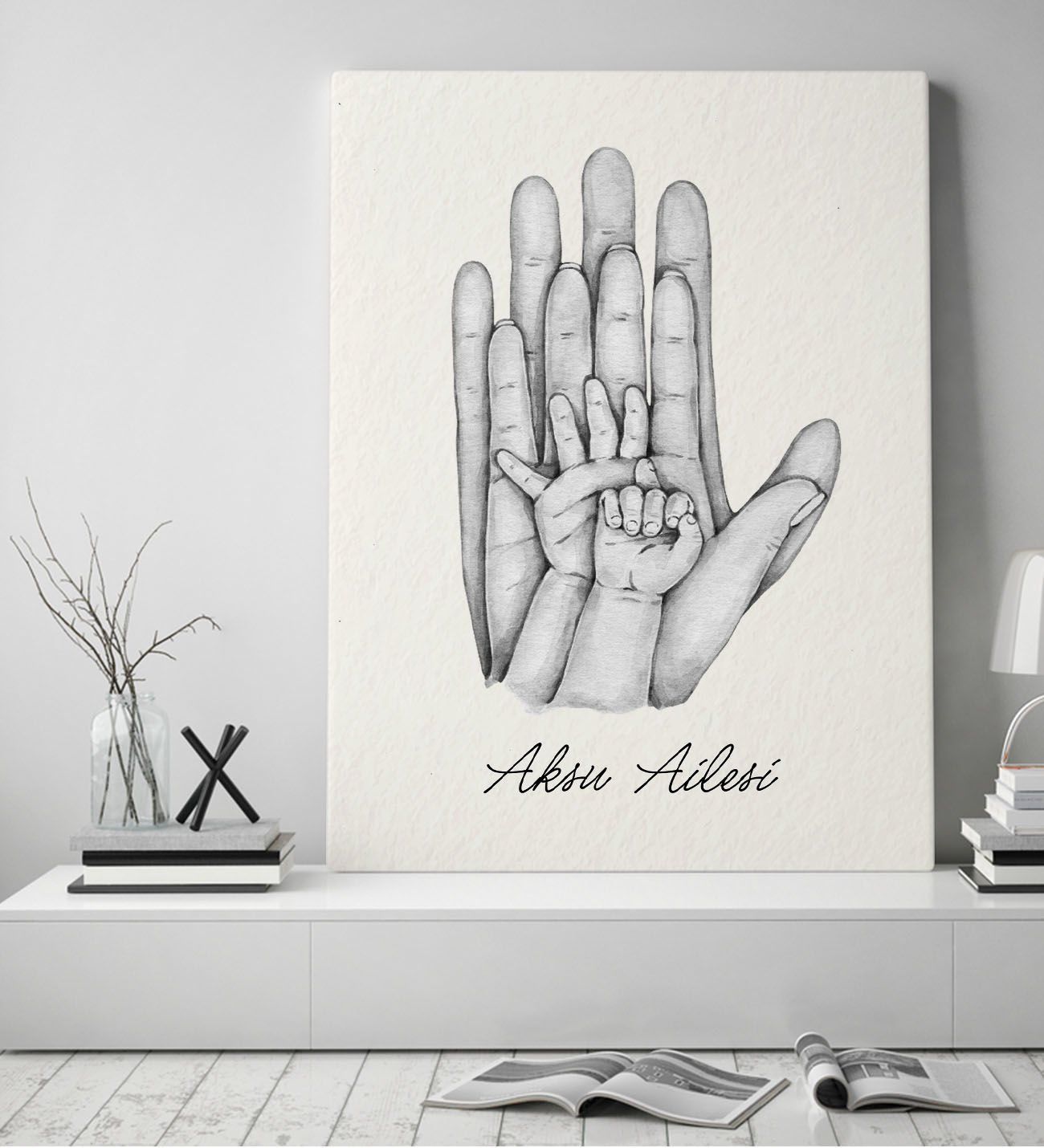 BK Gift Kişiye Özel El Ele Tutuşan Aile Tasarımlı Siyah Beyaz Kanvas Tablo-8 50x70, Anneye Hediye, Aile Hediyesi