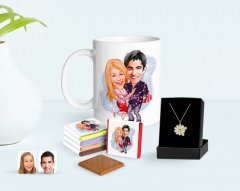 Kişiye Özel Sevgililer Karikatürlü Kupa Çikolata ve Çift İsimli Papatya Kolye Seti-2