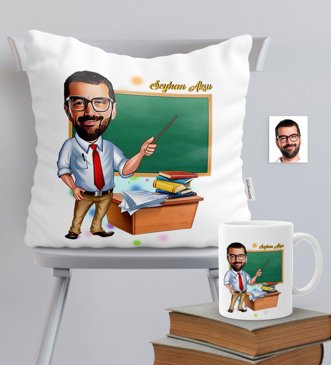 Kişiye Özel Bay Öğretmen Temalı Karikatürlü Yastık Kupa Seti - 1