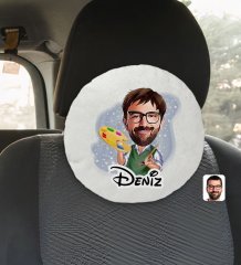 Kişiye Özel İsimli Erkek Ressam Karikatürlü Yuvarlak Araç Koltuk Yastığı-1