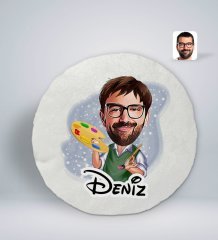 Kişiye Özel İsimli Erkek Ressam Karikatürlü Yuvarlak Araç Koltuk Yastığı-1