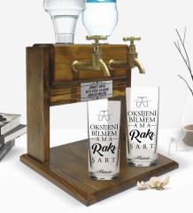 Kişiye Özel Renkli Baskılı Oksijeni Bilmem Tasarımlı İkili Rakı Bardağı ve Çift Musluklu Doğal Ahşap Rakı Standı-1