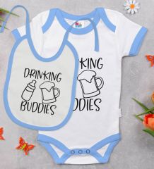 BK Kids Drinking Buddies Tasarımlı Mavi Bebek Body Zıbın ve Mama Önlüğü Hediye Seti-1