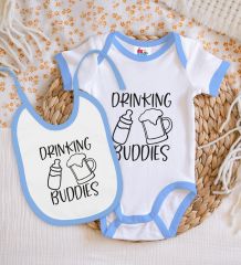 BK Kids Drinking Buddies Tasarımlı Mavi Bebek Body Zıbın ve Mama Önlüğü Hediye Seti-1