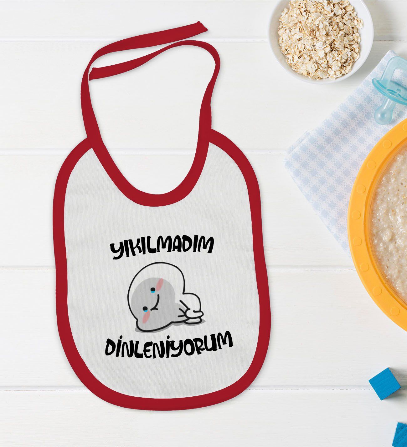 BK Kids Yıkılmadım Dinleniyorum Tasarımlı Kırmızı Bebek Mama Önlüğü-1
