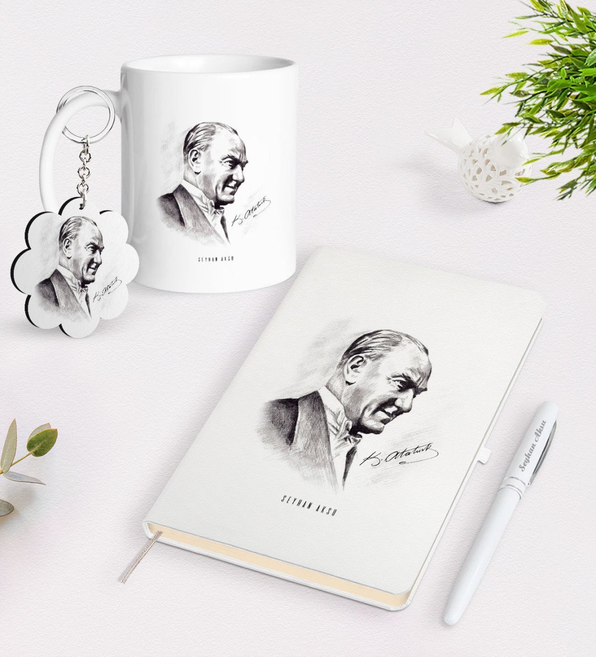 Kişiye Özel Atatürk Temalı Kupa Anahtarlık Beyaz Defter Kalem Hediye Seti-10