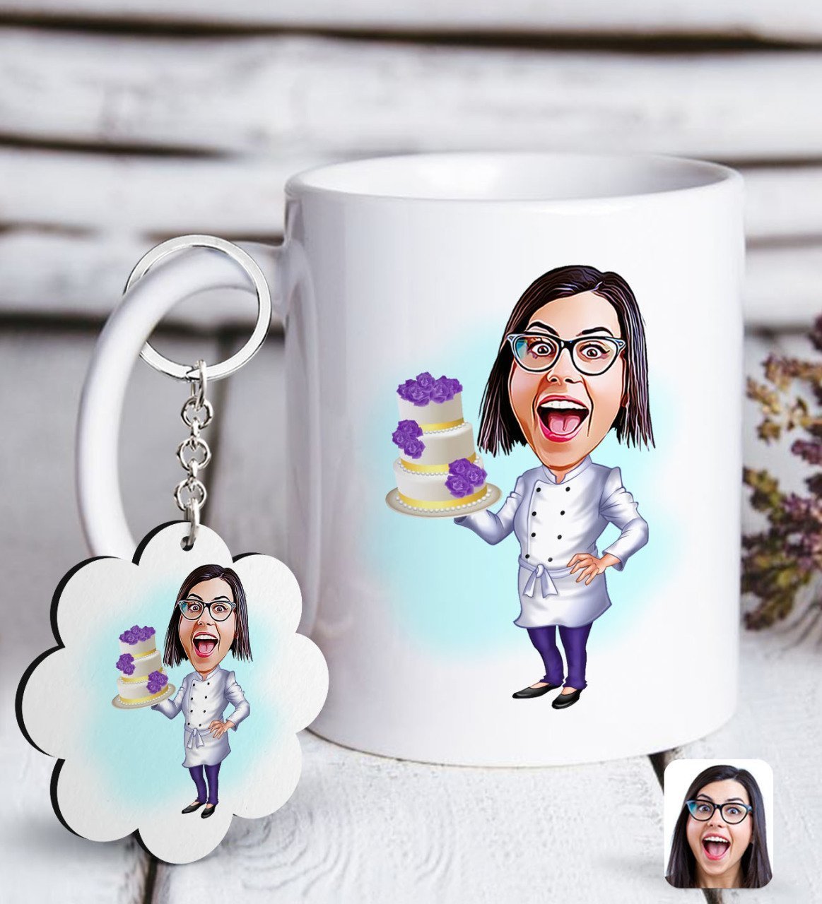 Kişiye Özel Bayan Chef Karikatürlü Beyaz Kupa ve Anahtarlık Hediye Seti-2