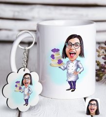 Kişiye Özel Bayan Chef Karikatürlü Beyaz Kupa ve Anahtarlık Hediye Seti-2