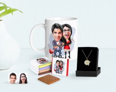 Kişiye Özel Sevgililer Karikatürlü Kupa Çikolata ve Çift İsimli Papatya Kolye Seti-1