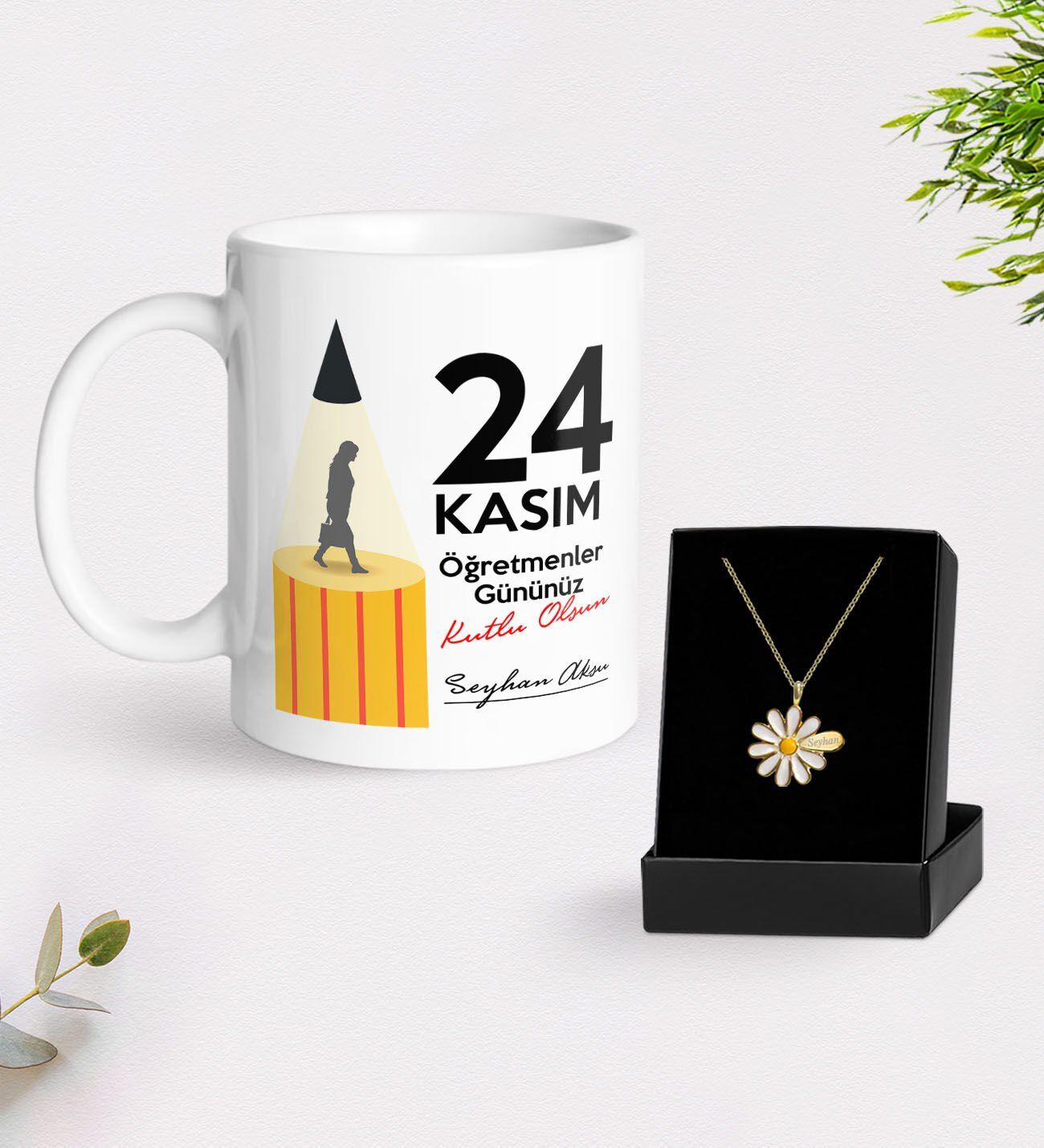 BK Gift Kişiye Özel Öğretmenler Günü Beyaz Kupa ve İsimli Papatya Kolye Hediye Seti- 8, Öğretmene Hediye, Öğretmenler Günü