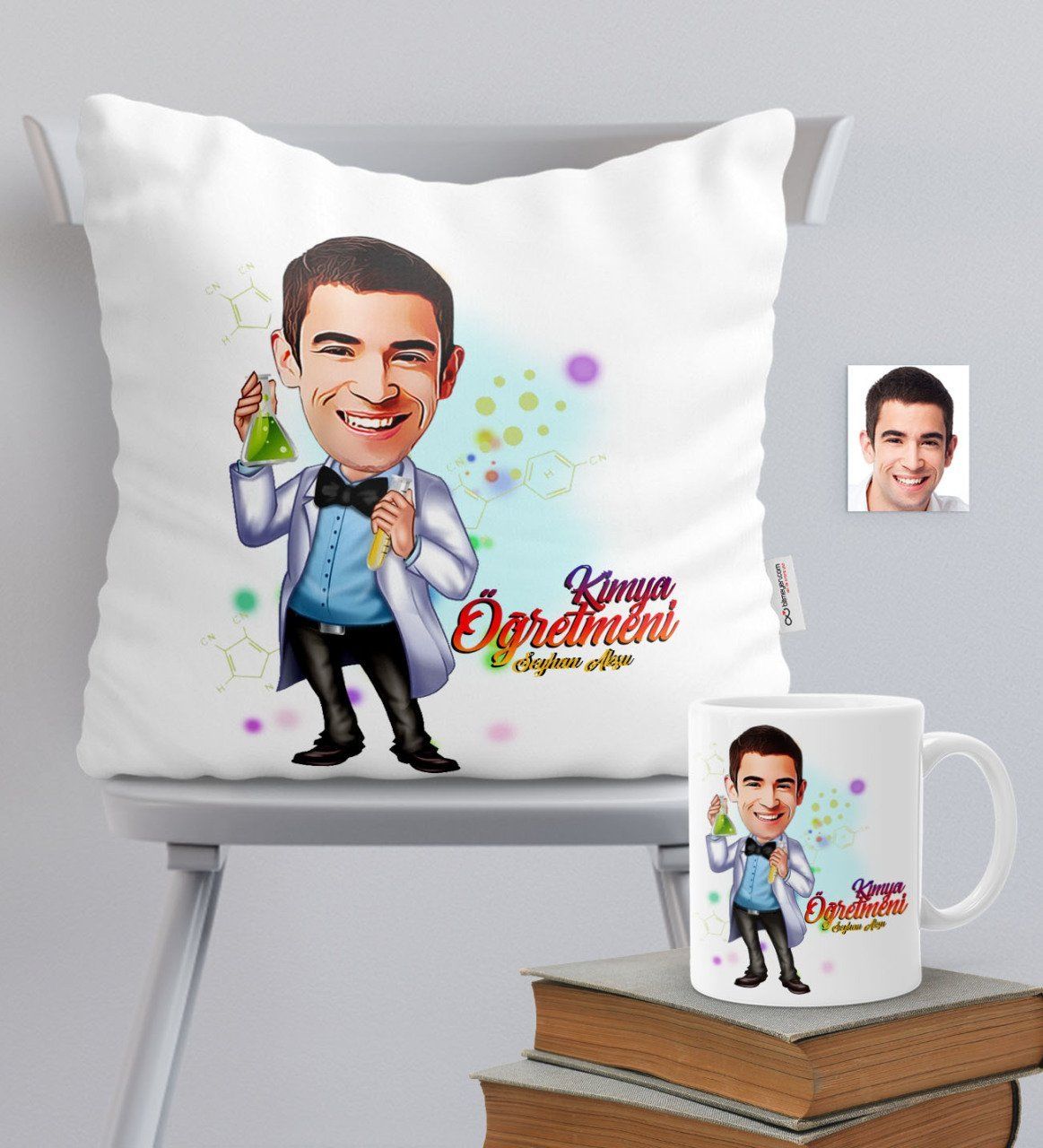 Kişiye Özel Bay Kimya Öğretmeni Temalı Karikatürlü Yastık Kupa Seti - 3