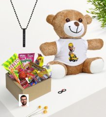 Kişiye Özel Bay Yol Mühendisi Karikatürlü Nostaljik Lezzetler Peluş Ayıcık Siyah Bar Kolye Hediye Seti