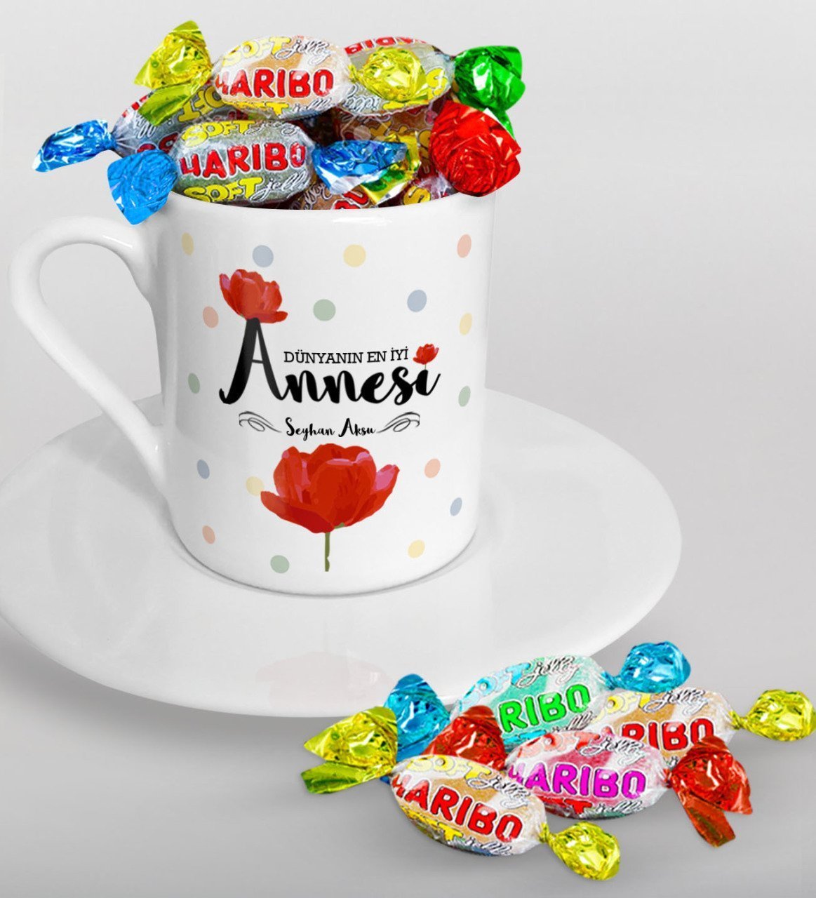 Kişiye Özel Dünyanın En İyi Annesi Tasarımlı Türk Kahvesi Fincanı ve Haribo Şeker Hediye Seti-10